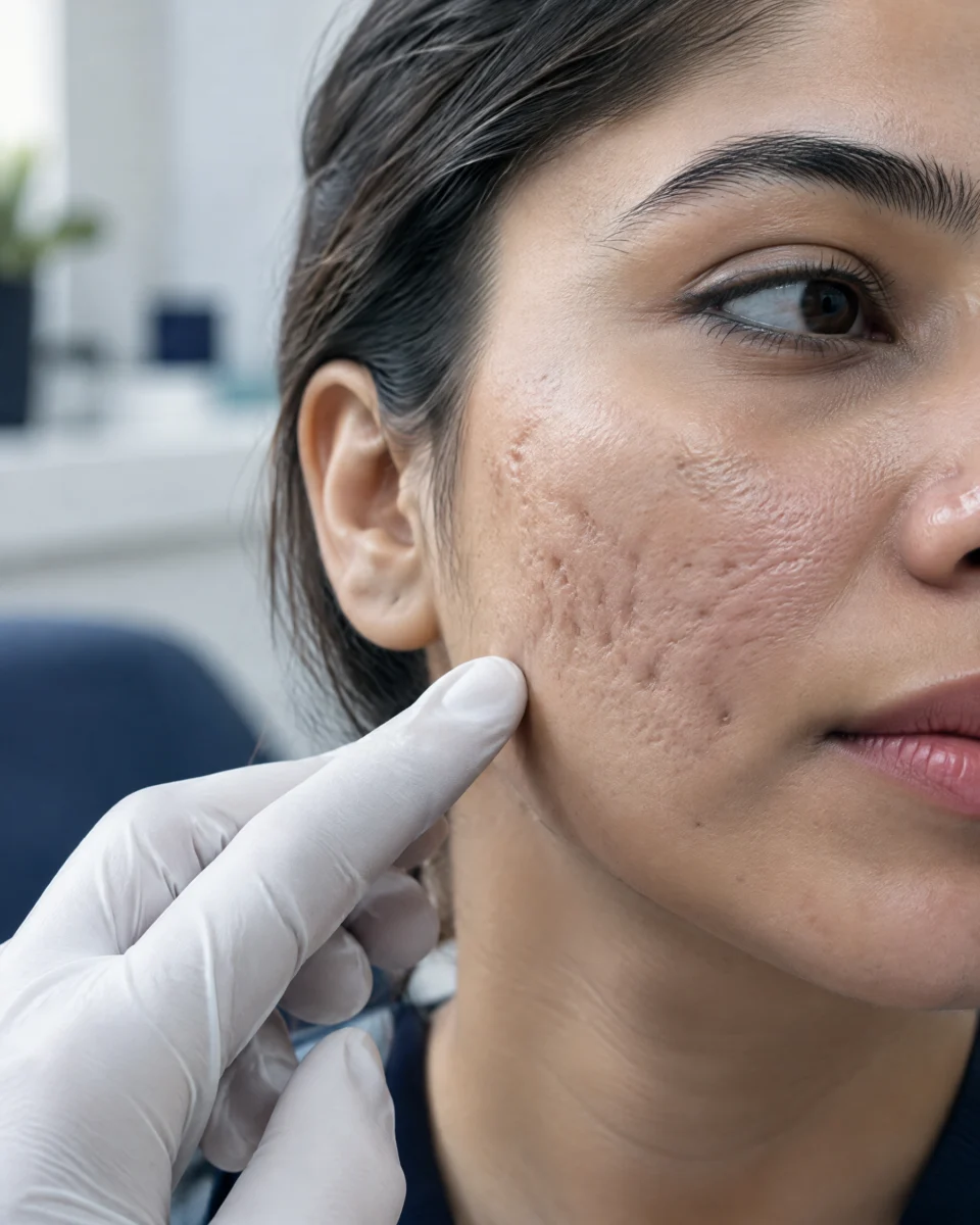 Acne Scar Removal: macro close-up of a cheek with shallow rolling acne scars under raking light, a clinician's gloved fingertip