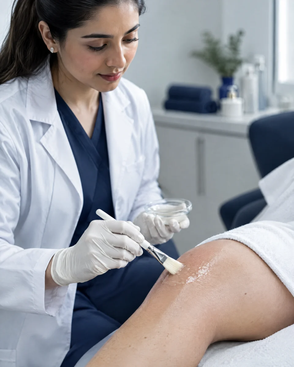 Body Peels: a clinician brushing a clear peel solution onto a woman's knee