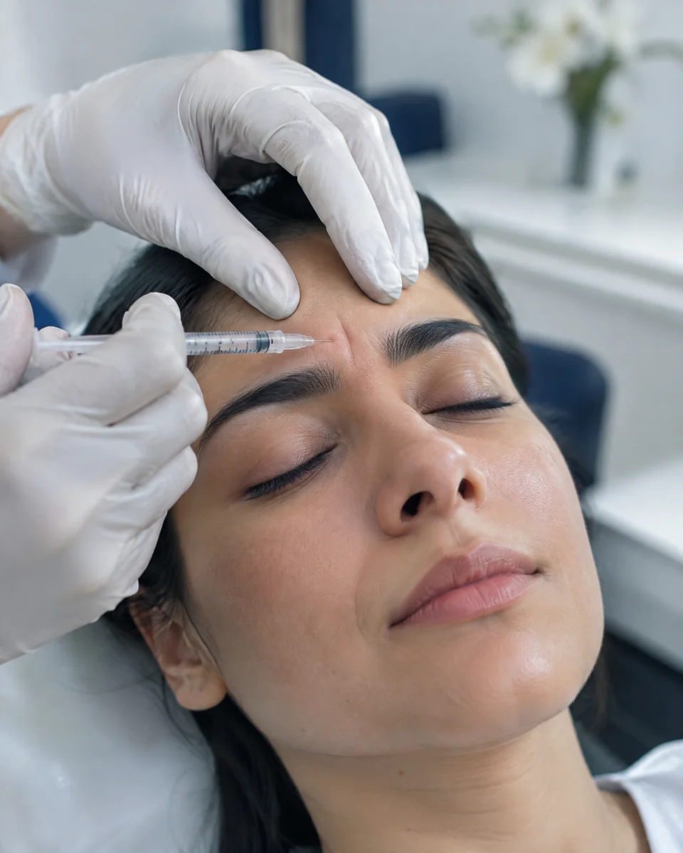 Botox: a very fine needle injection into a woman's frown area between the brows, gloved hands