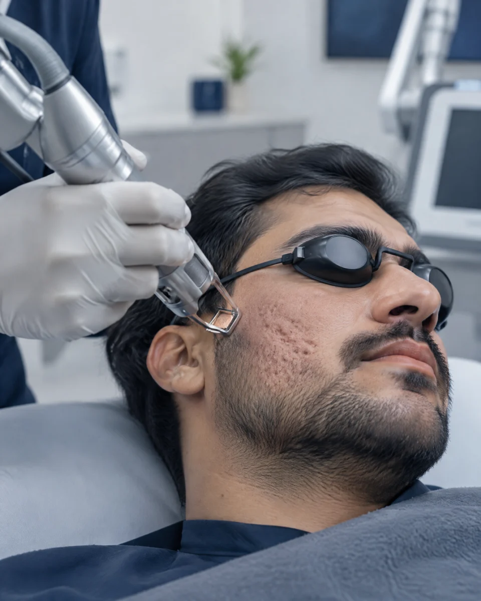 CO2RE: a fractional CO2 laser handpiece over a man's cheek with acne scars, protective goggles on
