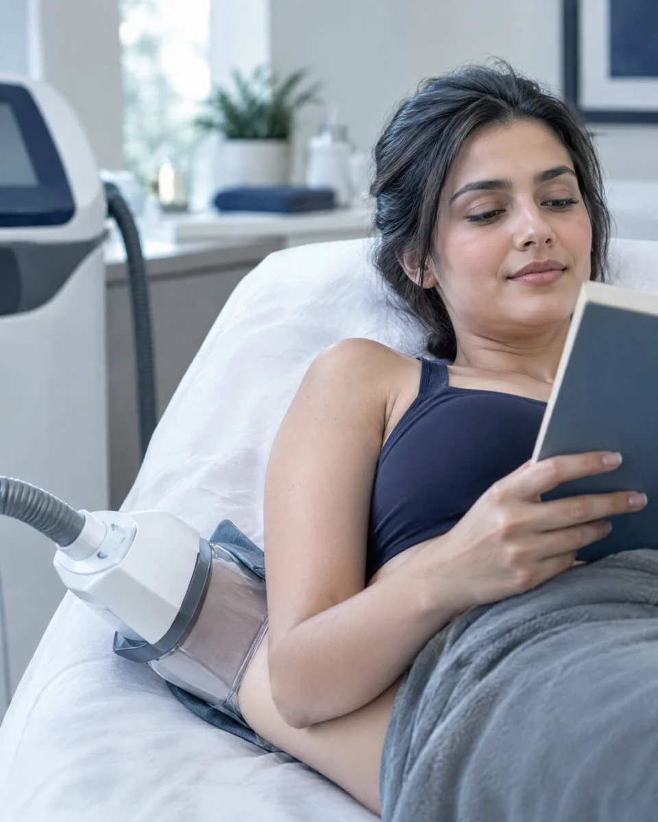 Cooltech: a cryolipolysis applicator cup attached to a woman's flank as she lies relaxed on a treatment bed reading