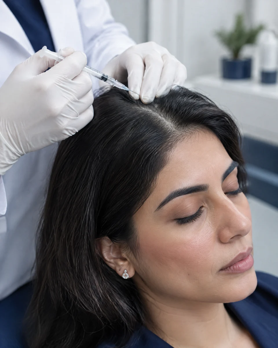 CYJ Hair Filler: a clinician's gloved hand injecting a clear gel into a woman's scalp along a parting with a fine needle