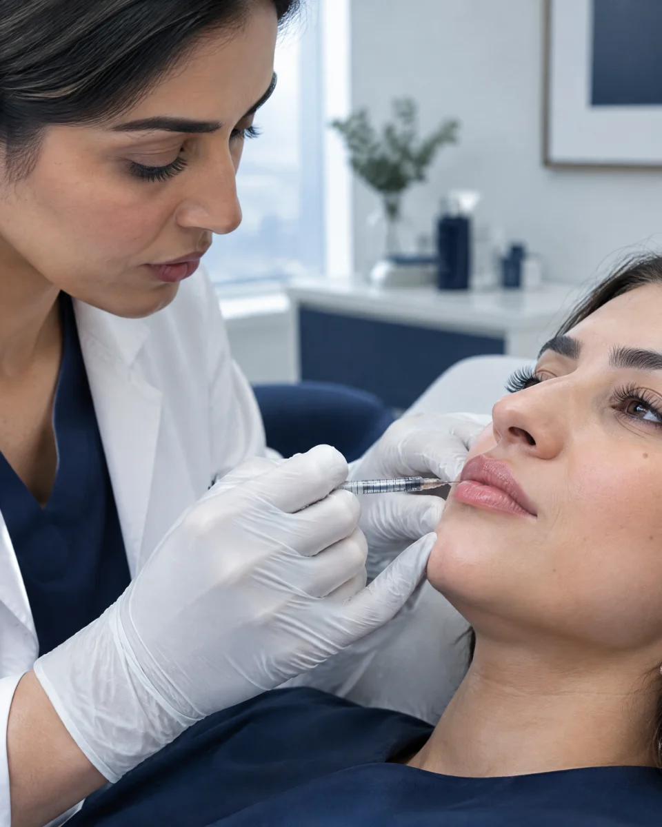 Dermal Fillers: a clinician injecting hyaluronic filler into a woman's lip border with a very fine needle, gloved hands