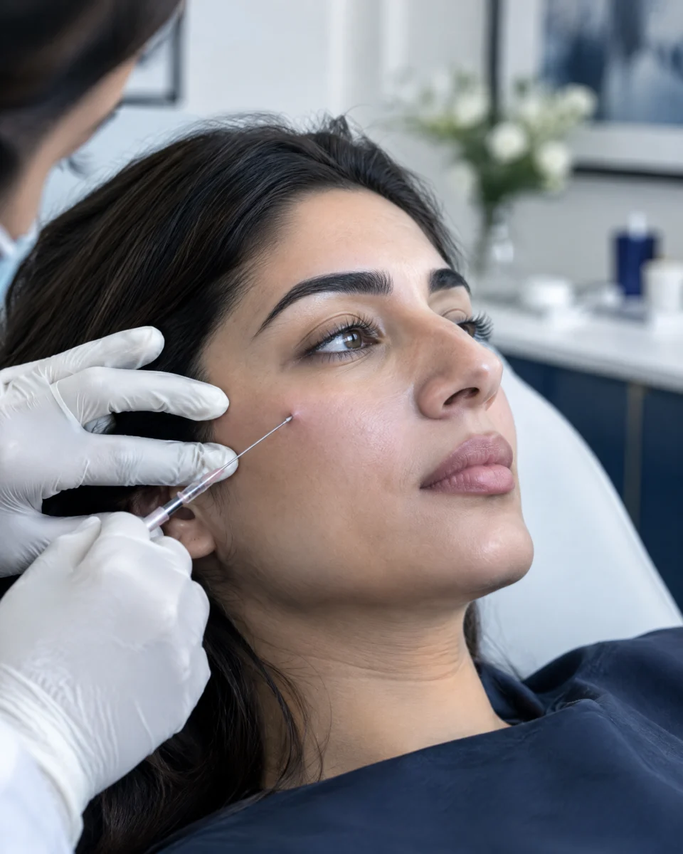 Ellansé: a thin cannula placing filler along a woman's cheekbone, gloved hands