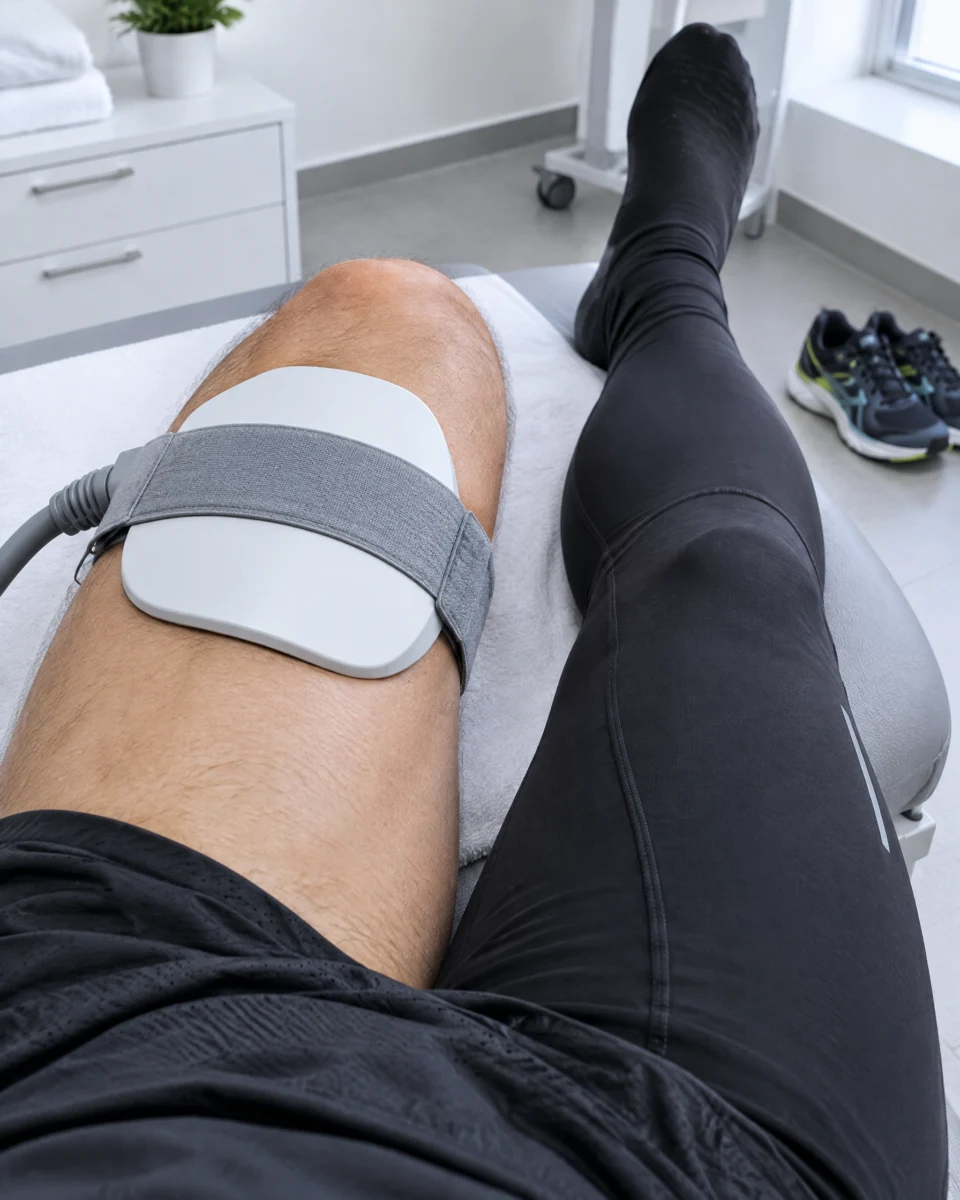 An athlete with an Emsculpt NEO applicator strapped to the thigh