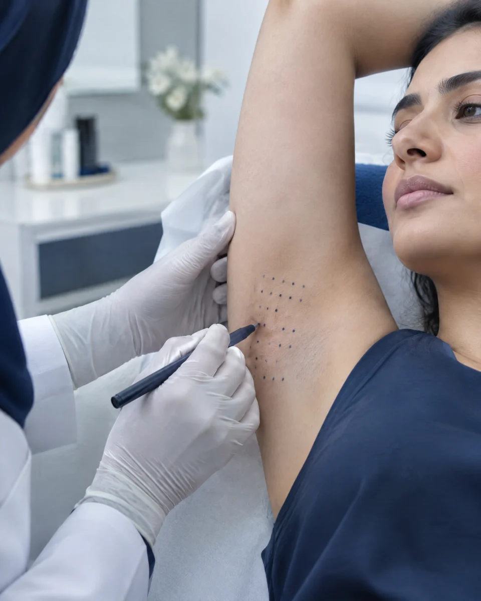 Excess Sweating: close-up of a clinician's gloved hands drawing a fine grid of dots with a skin marker on a woman's underarm, her arm raised