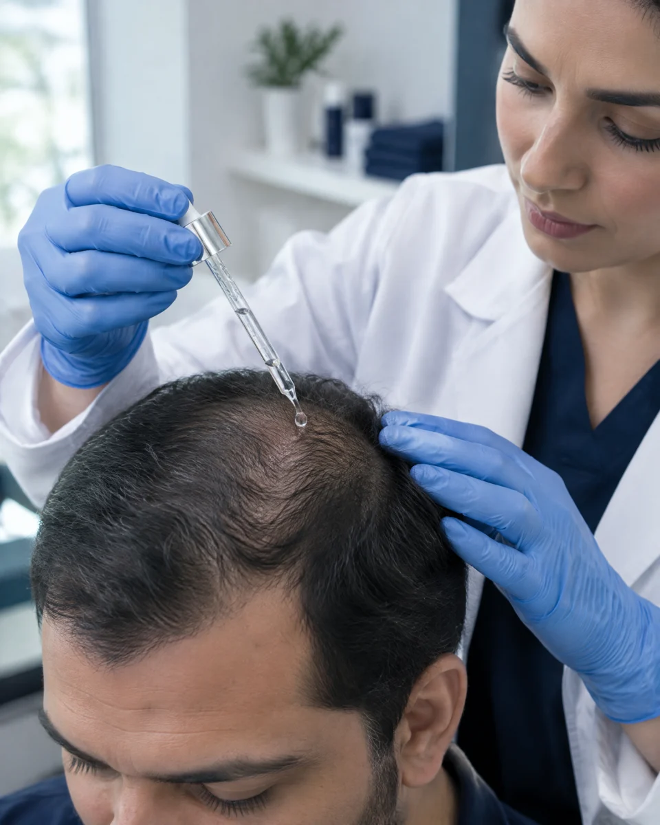 Exosomes for Hair: a clinician applying a clear serum with a dropper onto a man's thinning crown after microneedling
