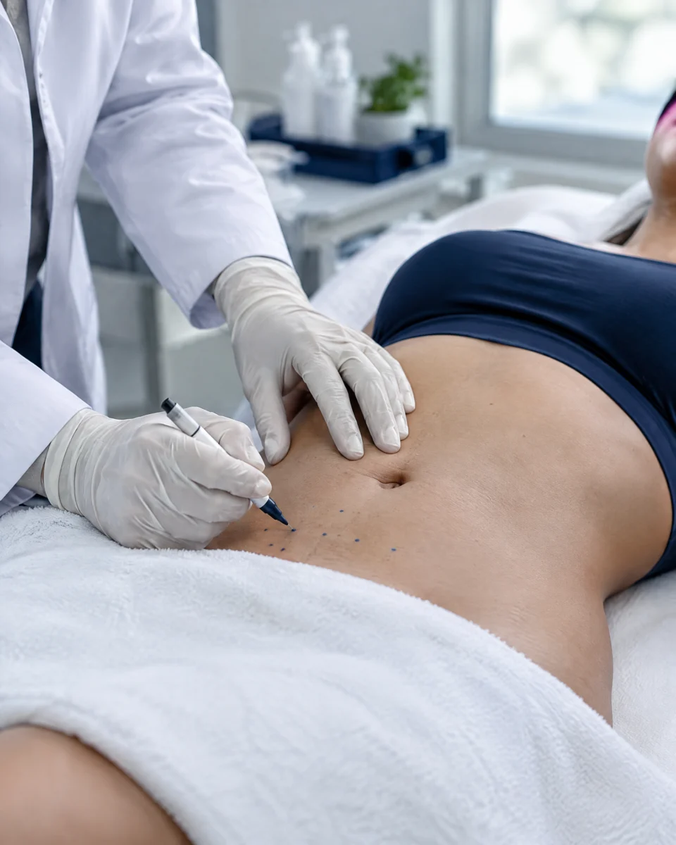 Fat Dissolving Injections: a clinician's gloved hands marking small injection points with a skin pen on the lower abdomen just below the navel of a