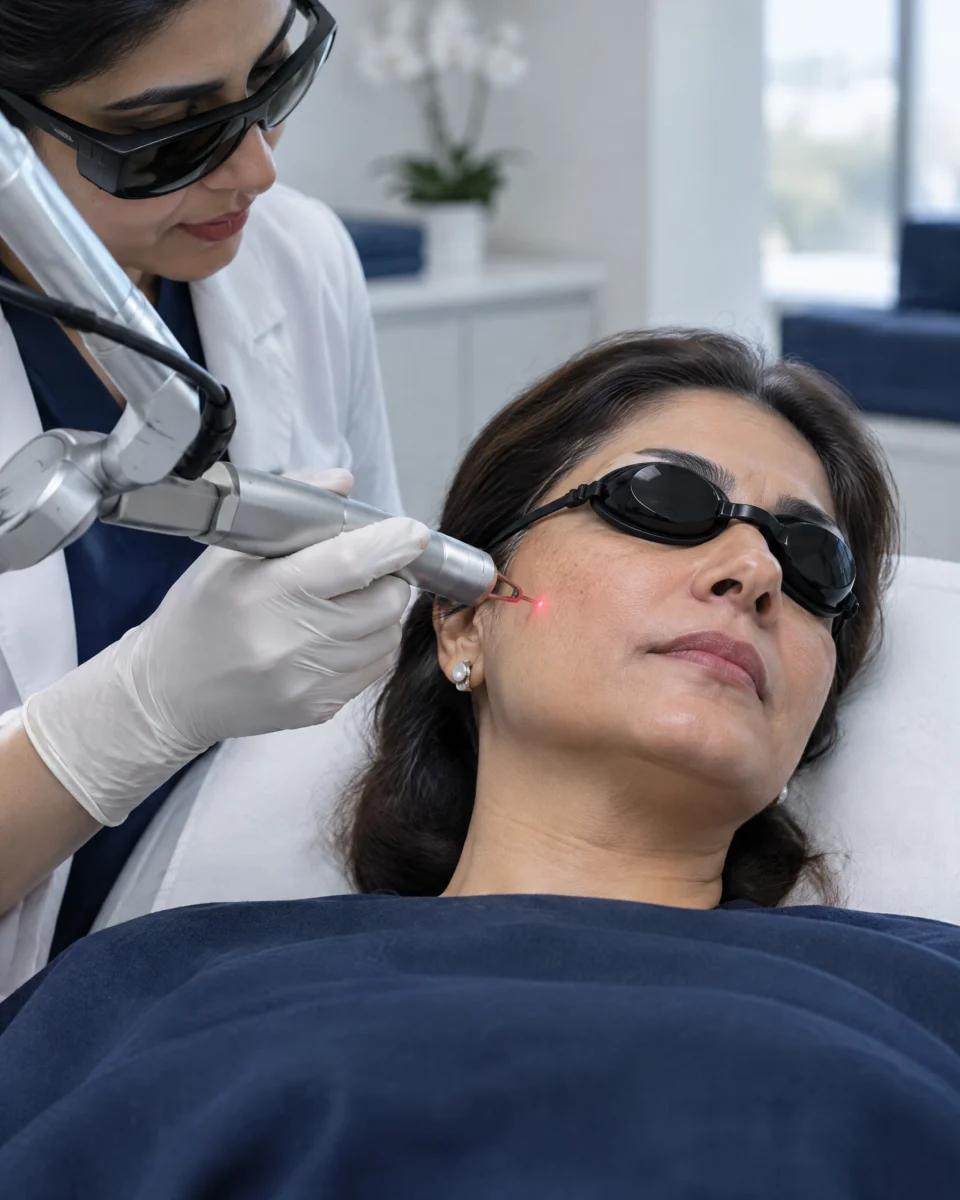 Fotona 4D: a woman in her forties lying back wearing dark protective goggles as a clinician holds a slim laser handpiece on a long articulated arm a