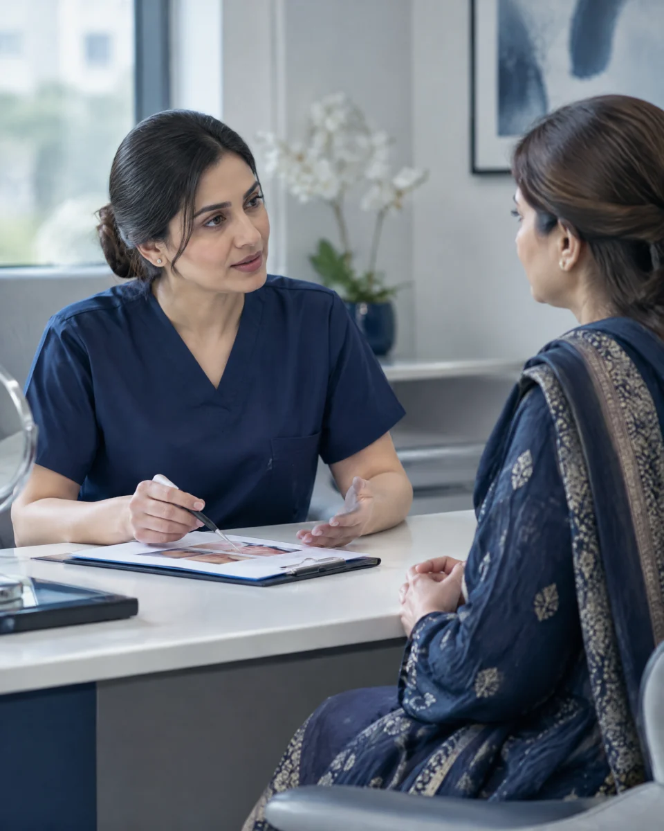 Fotona IntimaLase: a female clinician in navy scrubs explaining a treatment plan to a fully clothed woman in her forties across a desk in a private