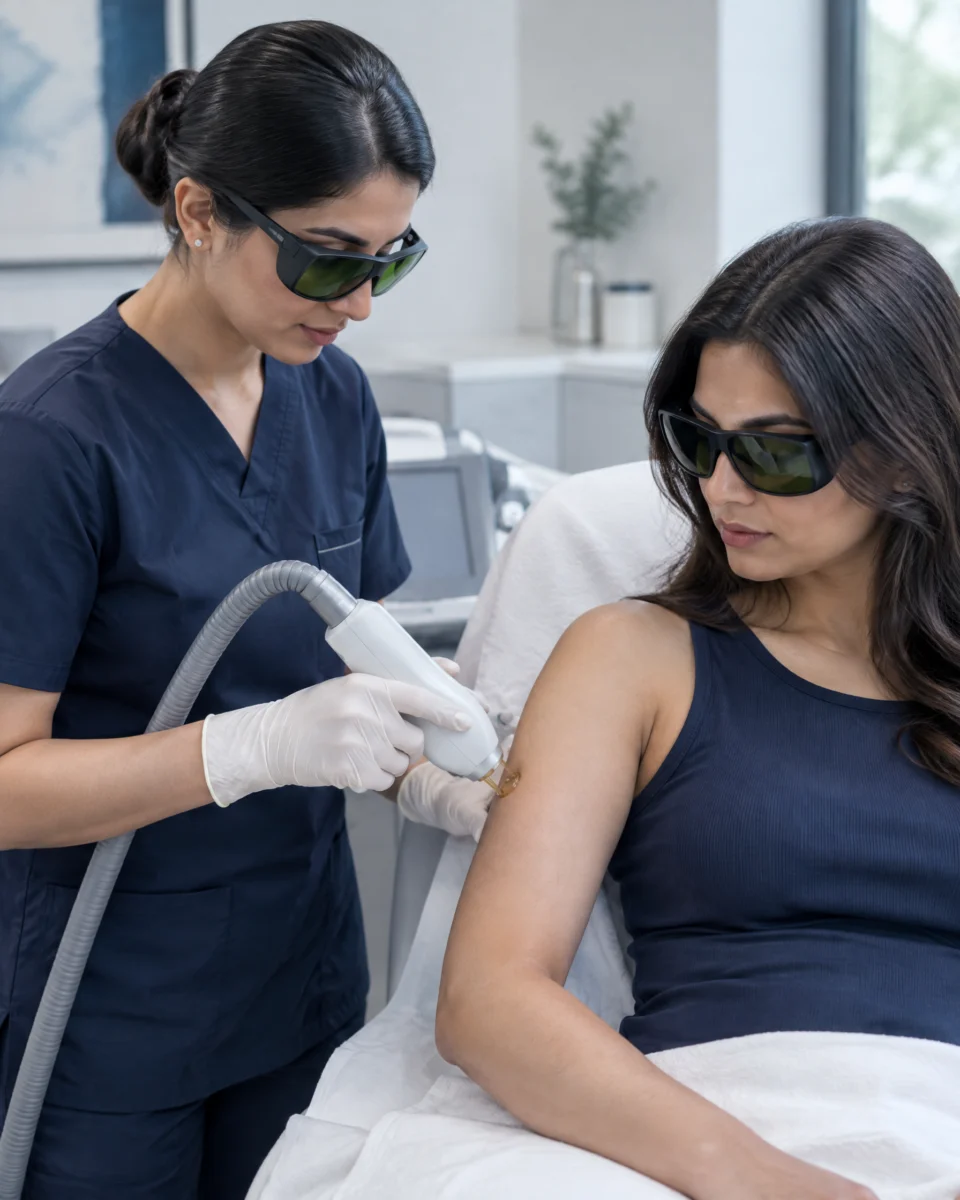 Fotona TightSculpting: a clinician guiding a laser handpiece over the back of a woman's upper arm, both wearing protective goggles