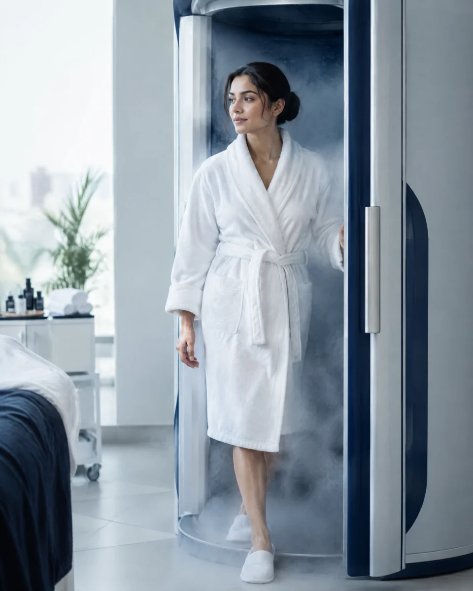 Full-Body Cryotherapy: a woman in a white robe and slippers stepping out of a modern cryotherapy cabin as soft cold vapour swirls around her