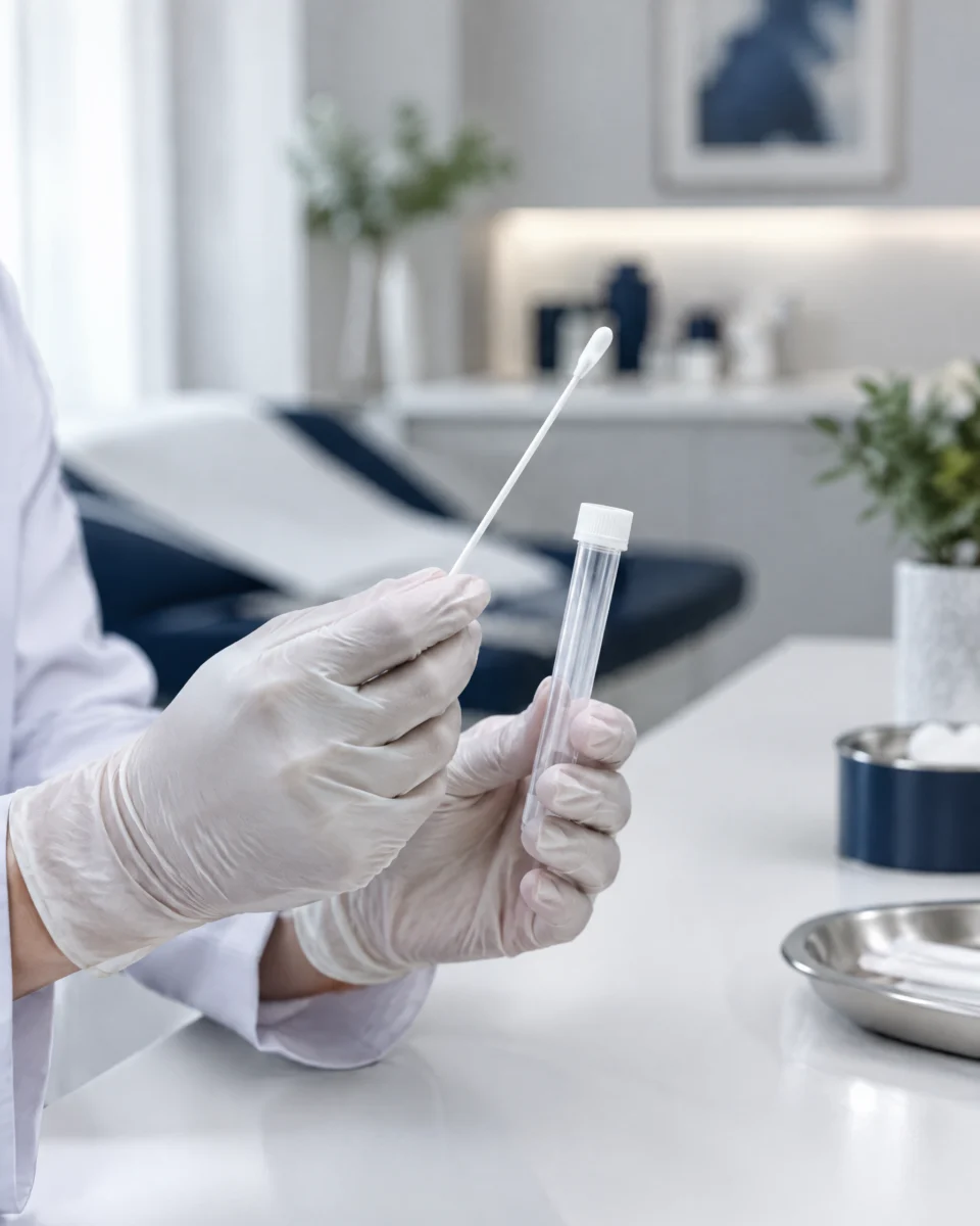 Genetics Testing: a clinician's gloved hand holding a sterile cheek swab next to a blank sample tube on a clean white desk