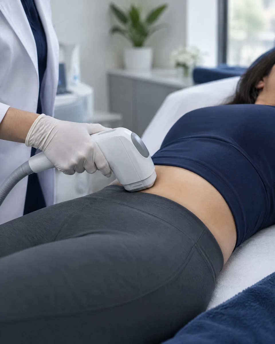 HIFU Body: a clinician holding a focused ultrasound body handpiece against the side of a woman's waist