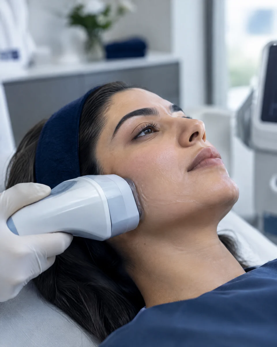 HIFU: a focused ultrasound handpiece pressed along a woman's jawline over a thin layer of gel, a gloved hand