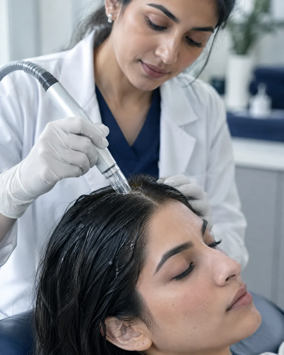 HydraFacial for Scalp: a clinician gliding a small suction wand with a clear tip along a woman's parted scalp, water droplets