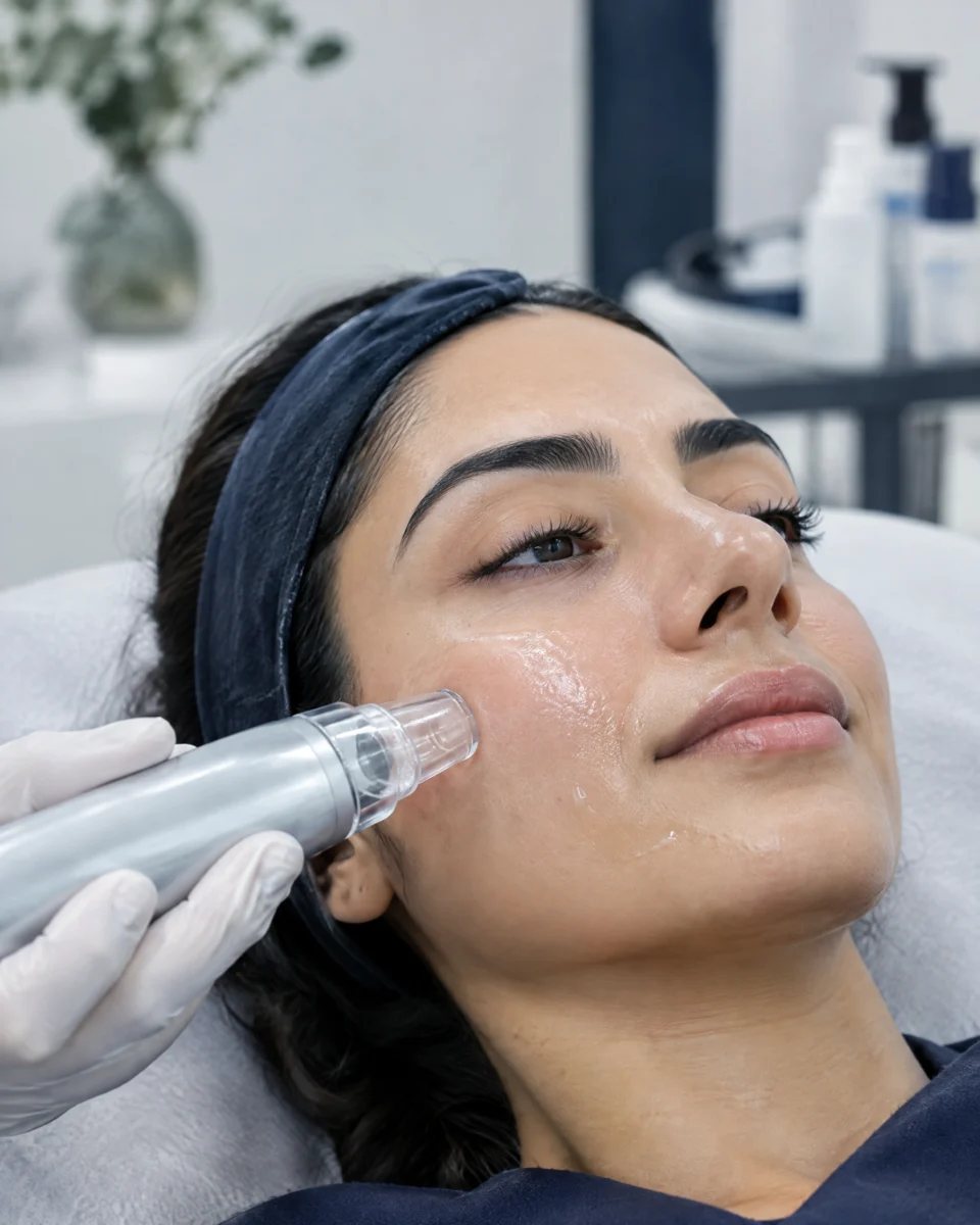 HydraFacial: a smooth suction tip gliding over a woman's cheek with a glossy serum