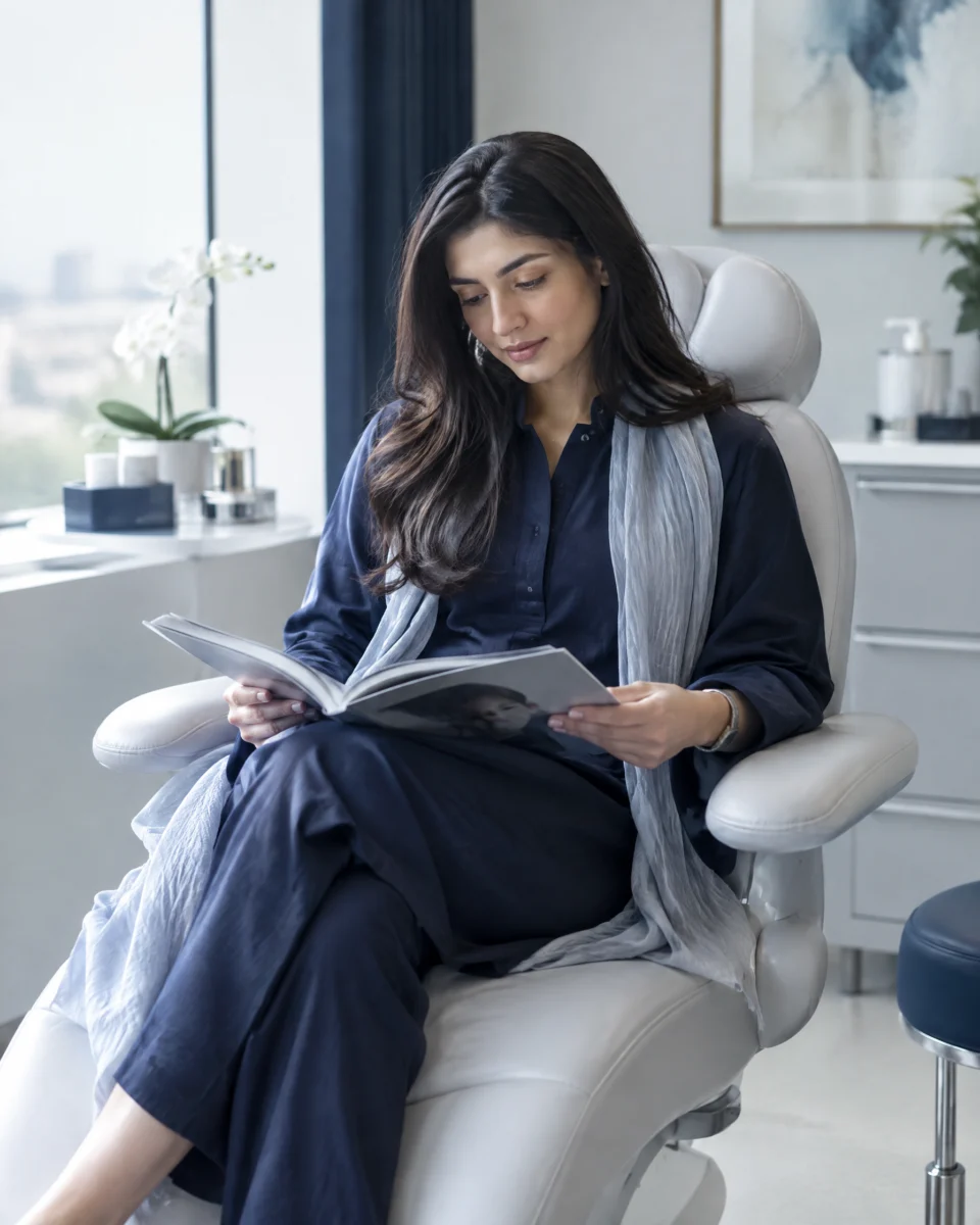 Incontinence: a modern treatment chair with a curved seat in a bright private room, a fully clothed woman sitting on it reading
