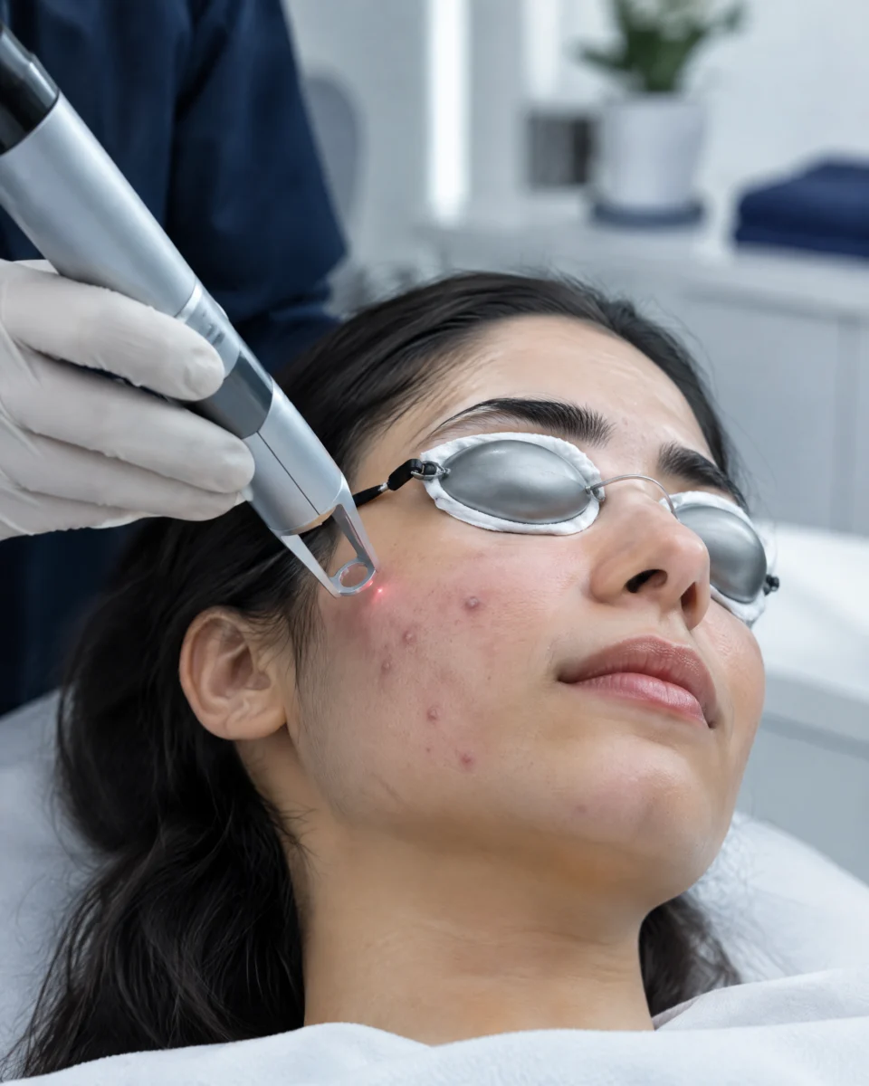 Laser for Active Acne: a slim laser handpiece over a young woman's cheek with mild active acne, protective eye shields on