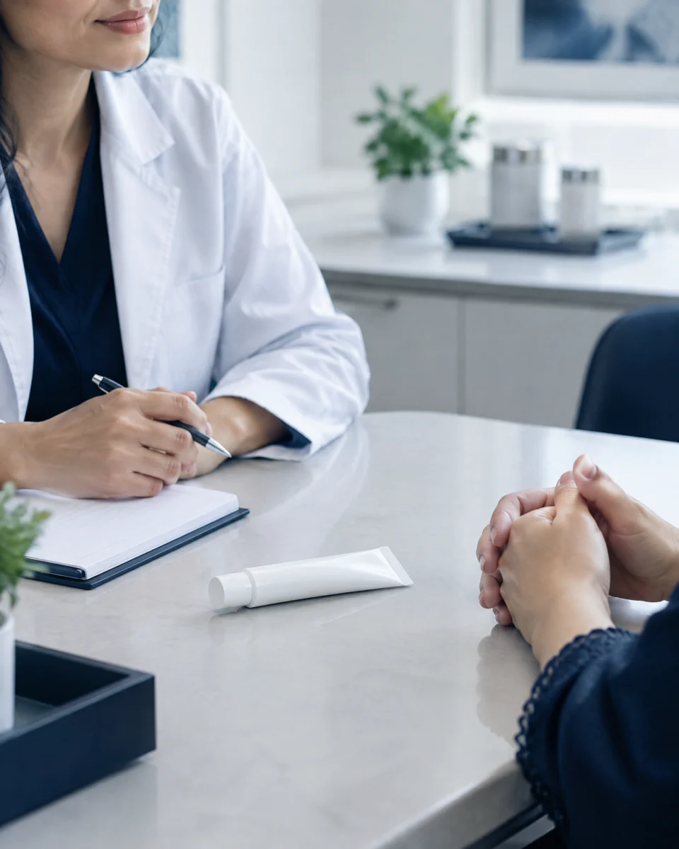 Lichen Sclerosus: a dermatologist's desk with a notepad and a plain tube of prescribed cream, a patient's hands folded on the desk, private