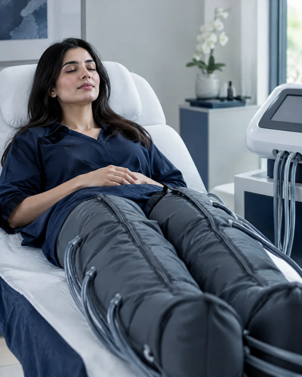 Lymphatic Drainage: a woman relaxing on a treatment recliner wearing inflatable compression boots on her legs for pressotherapy