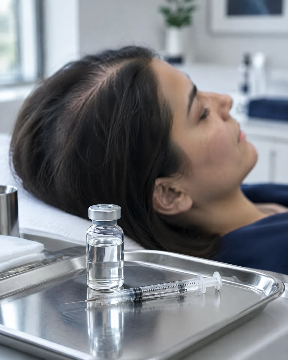 MCT Exosomes for Hair: a small glass vial and a syringe of clear regenerative serum on a steel tray, with a patient's thinning hair softly out of