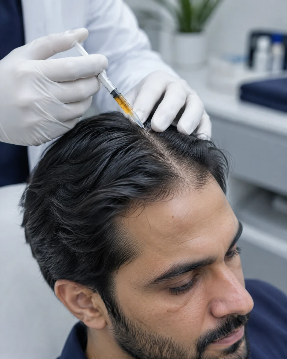 MCT Plasma for Hair: a gloved hand holding a syringe of golden plasma above the parted scalp of a man