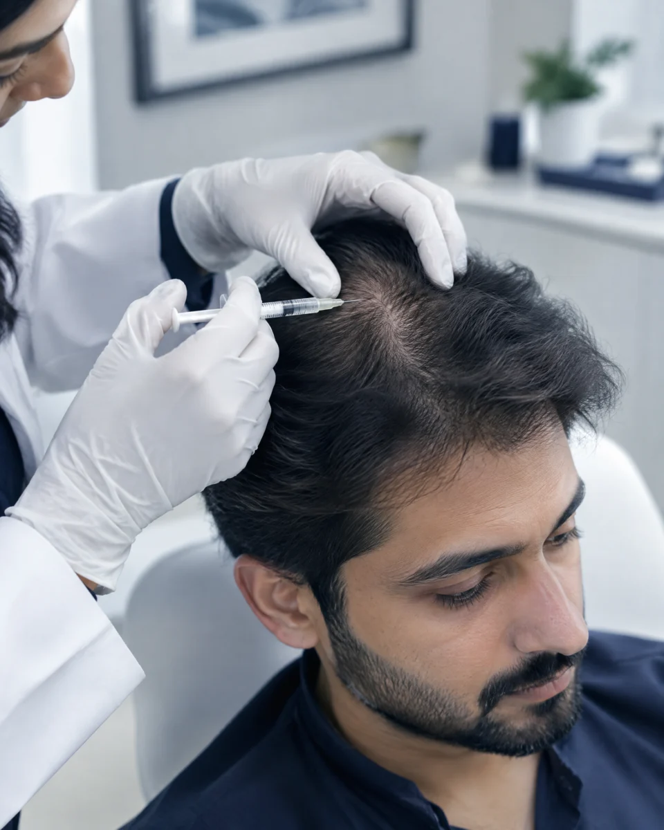 MCT Stem Cells for Hair: a clinician's gloved hands giving fine injections into the parted crown of a man with thinning hair