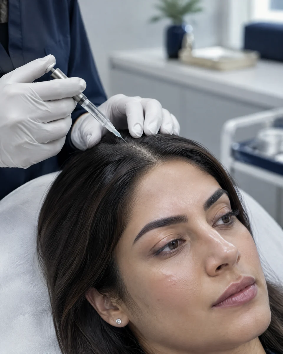 Mesotherapy for Hair: a mesotherapy injector with fine needles held over a woman's parted scalp by a gloved hand