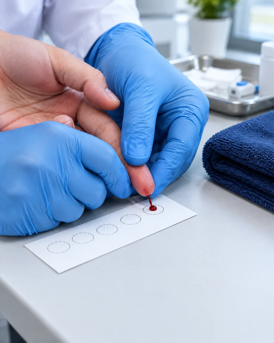 A clinician collecting a finger-prick blood spot for the NAD+ test