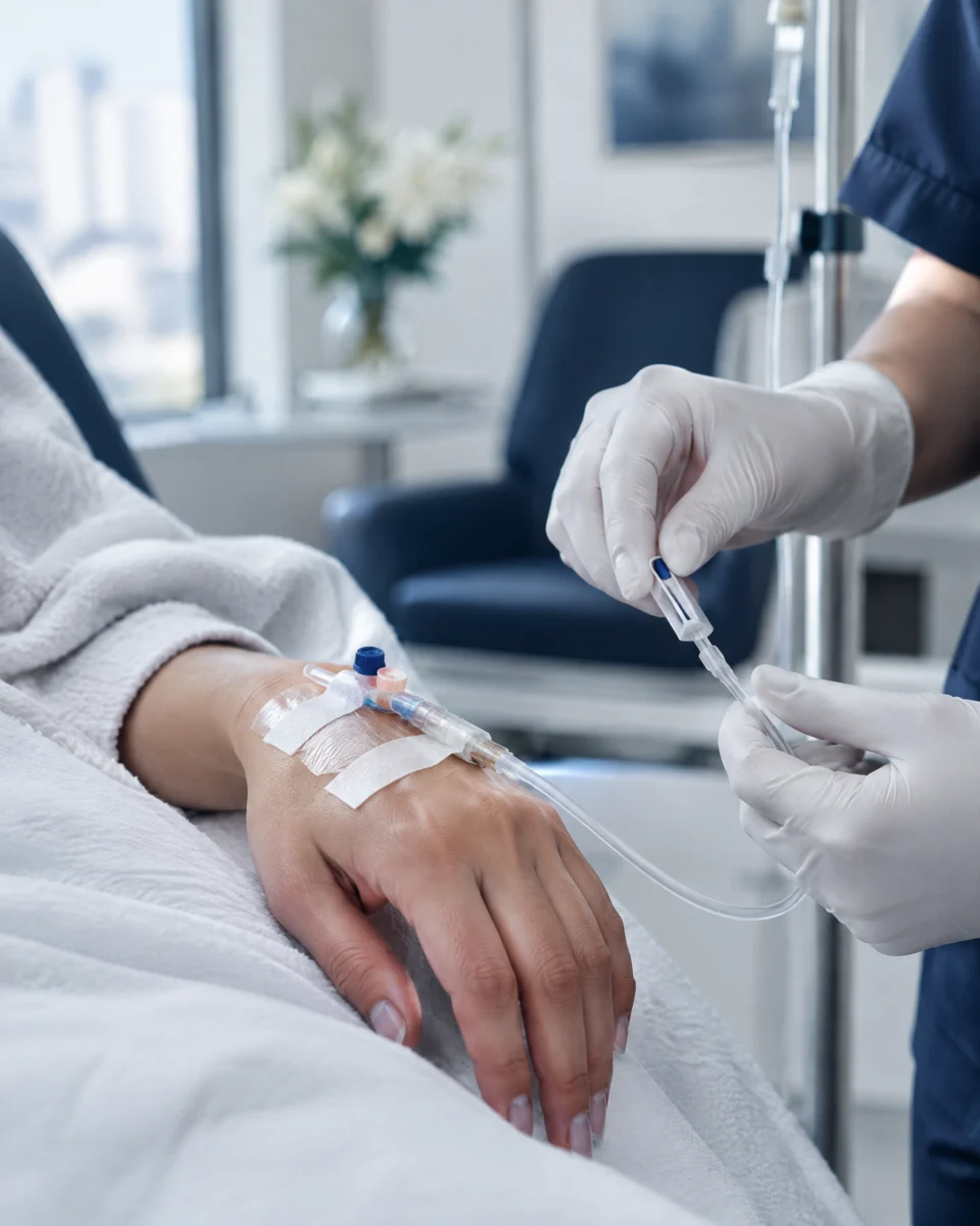 NAD+ Drip: close-up of an IV cannula taped to the back of a woman's hand connected to a clear drip line, a nurse's gloved hand adjusting the roller