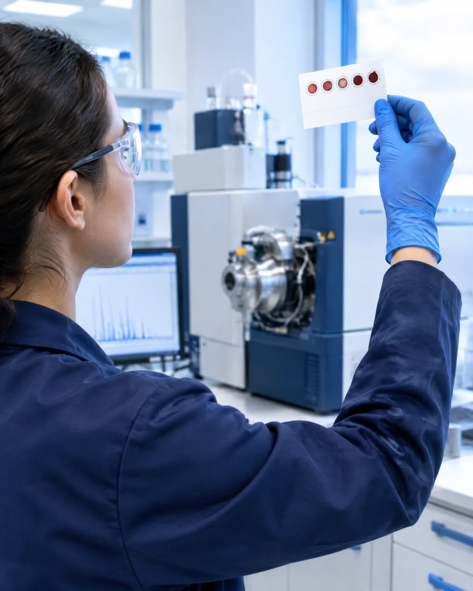 A lab technician holding a blood spot card beside a mass spectrometer