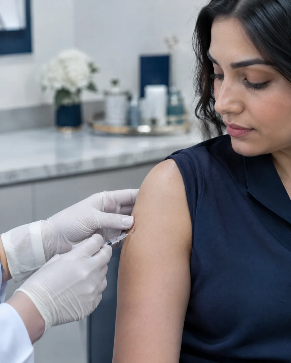 Profhilo Body: small injections into the inner upper arm of a woman, gloved hands