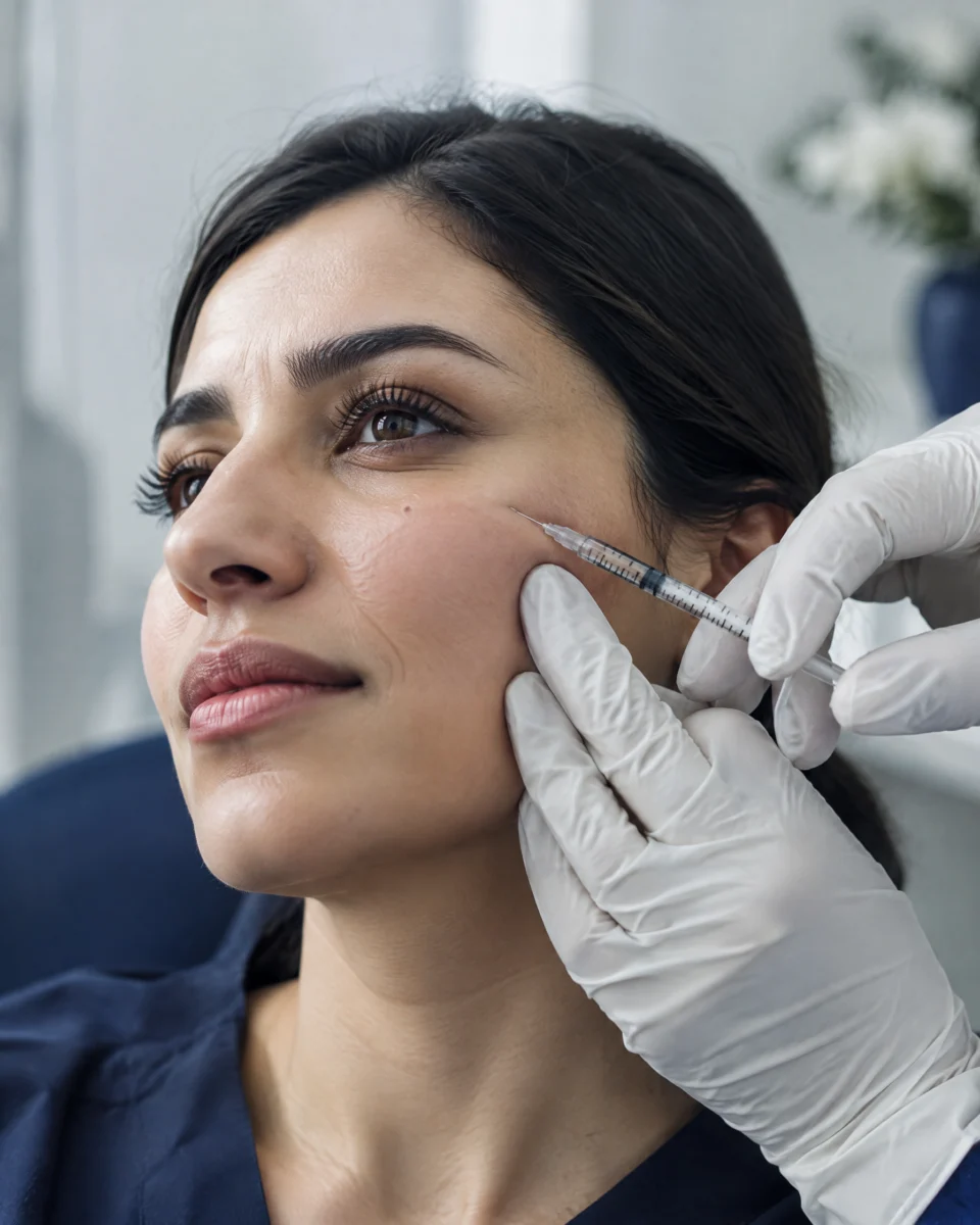 Profhilo: a small injection at a woman's cheekbone point with a fine needle, gloved hand