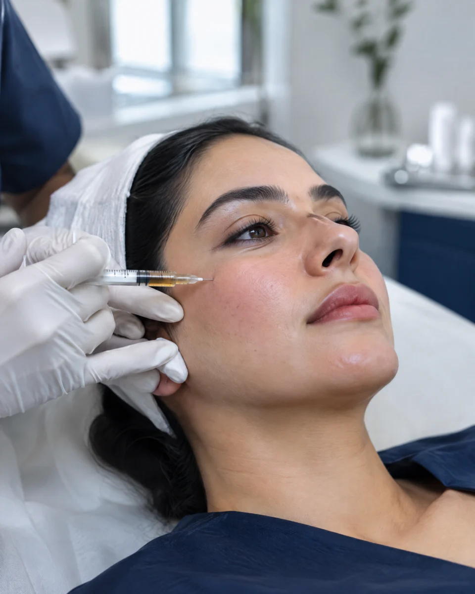 PRP for the face: a clinician's gloved hand injecting golden plasma into the cheek of a reclined woman with a fine needle