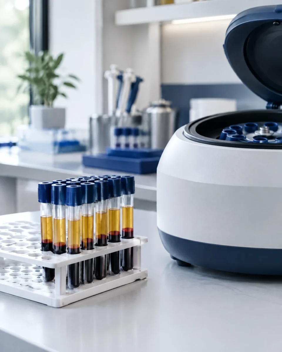 PRP Hair Lift: blood collection tubes with a separated golden plasma layer in a rack beside a benchtop centrifuge