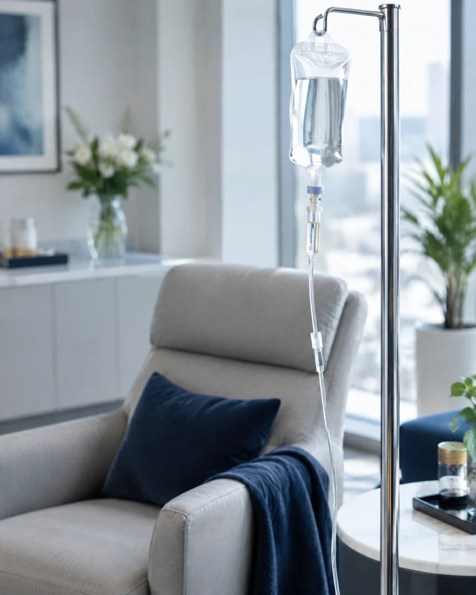 REVIV IV Drip: a clear IV drip bag hanging on a chrome stand beside a comfortable armchair in a bright wellness suite