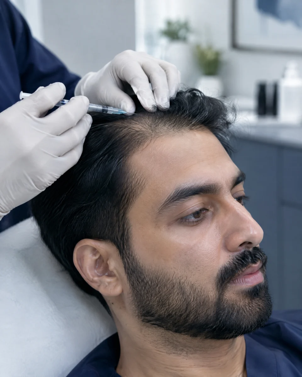 Rigenera for Hair: a clinician's gloved hands injecting a prepared solution into the thinning hairline of a man
