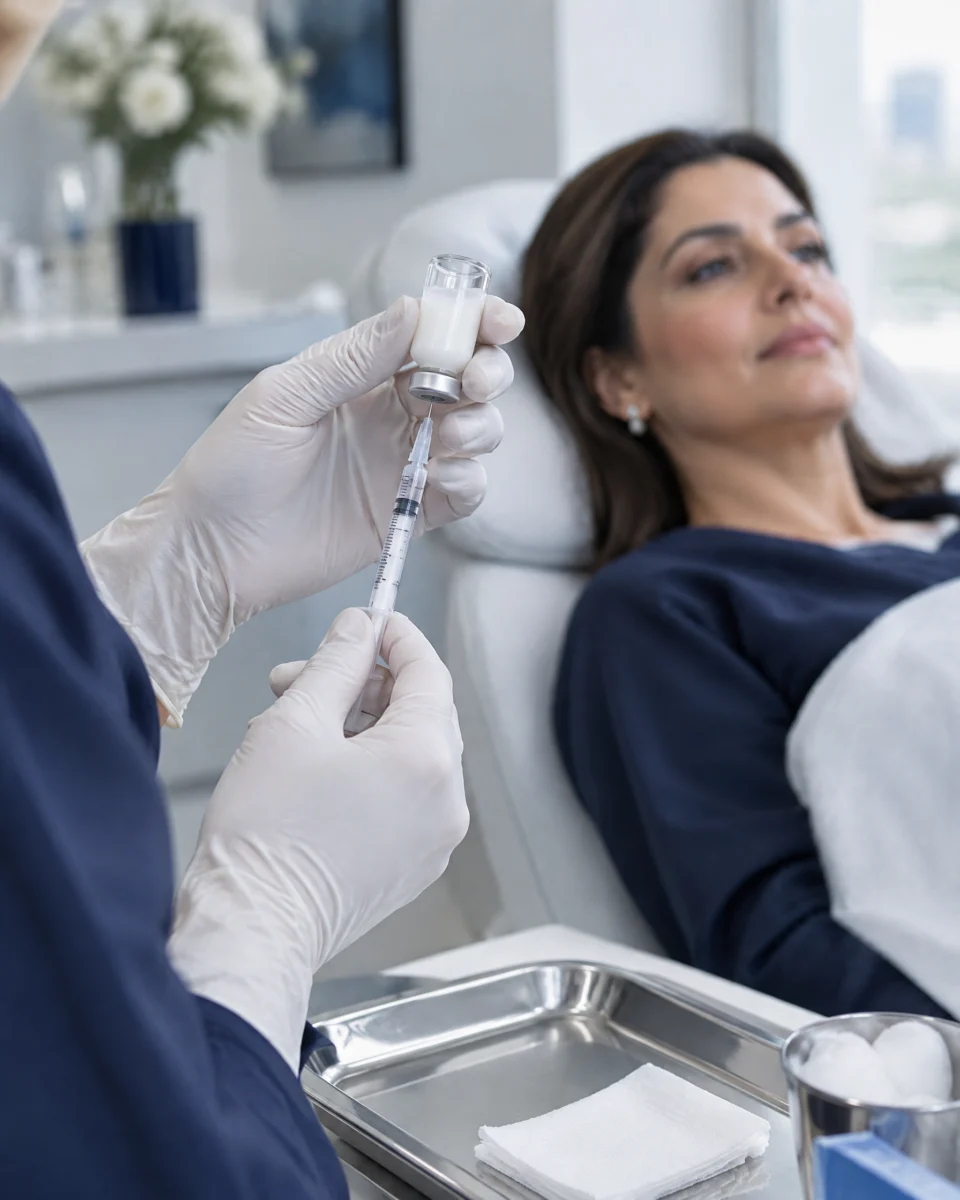 Sculptra: a clinician's gloved hands drawing a milky white injectable from a small glass vial into a syringe over a sterile steel tray, a woman in