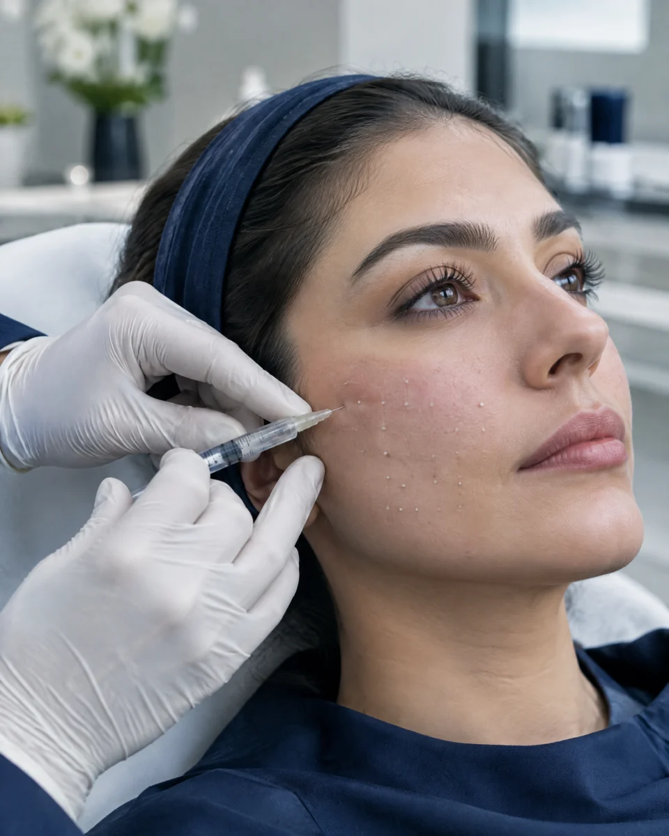 Skin Boosters: tiny micro-injections of a clear booster into a woman's cheek in a neat grid pattern, gloved hands