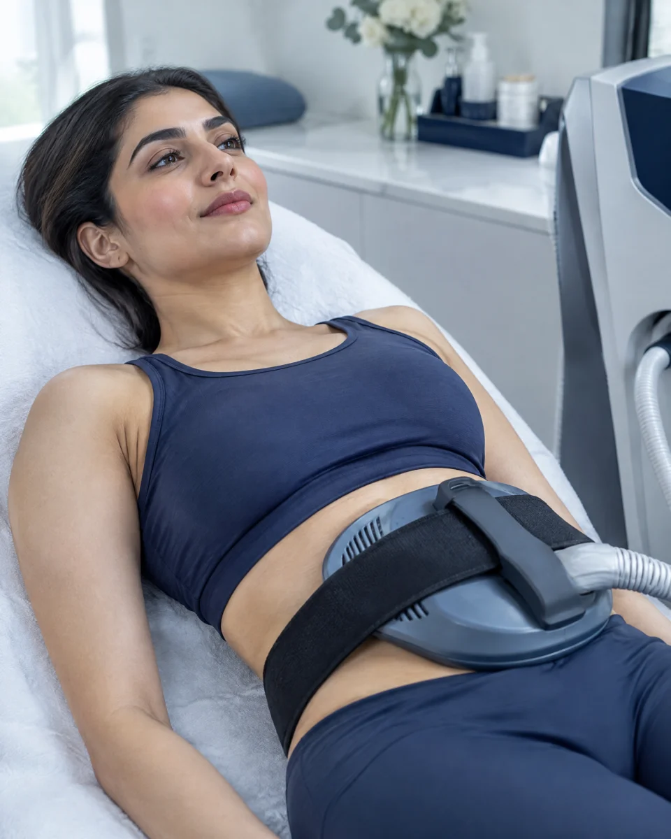 StimSure: a flat muscle-stimulation applicator strapped over a woman's abdomen as she lies on a treatment bed in activewear