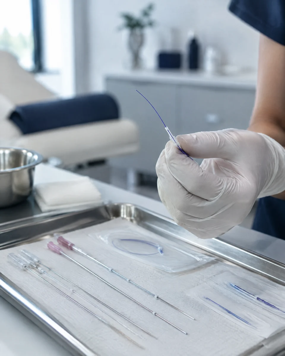 Thread Lift: absorbable threads with fine cannulas laid out on a sterile tray, a gloved hand holding one thread