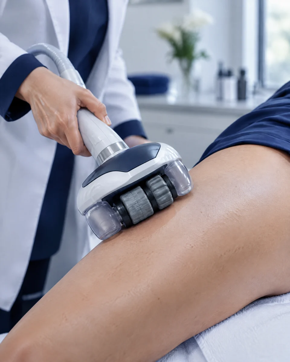 VelaShape: a roller and suction massage applicator gliding over a woman's outer thigh
