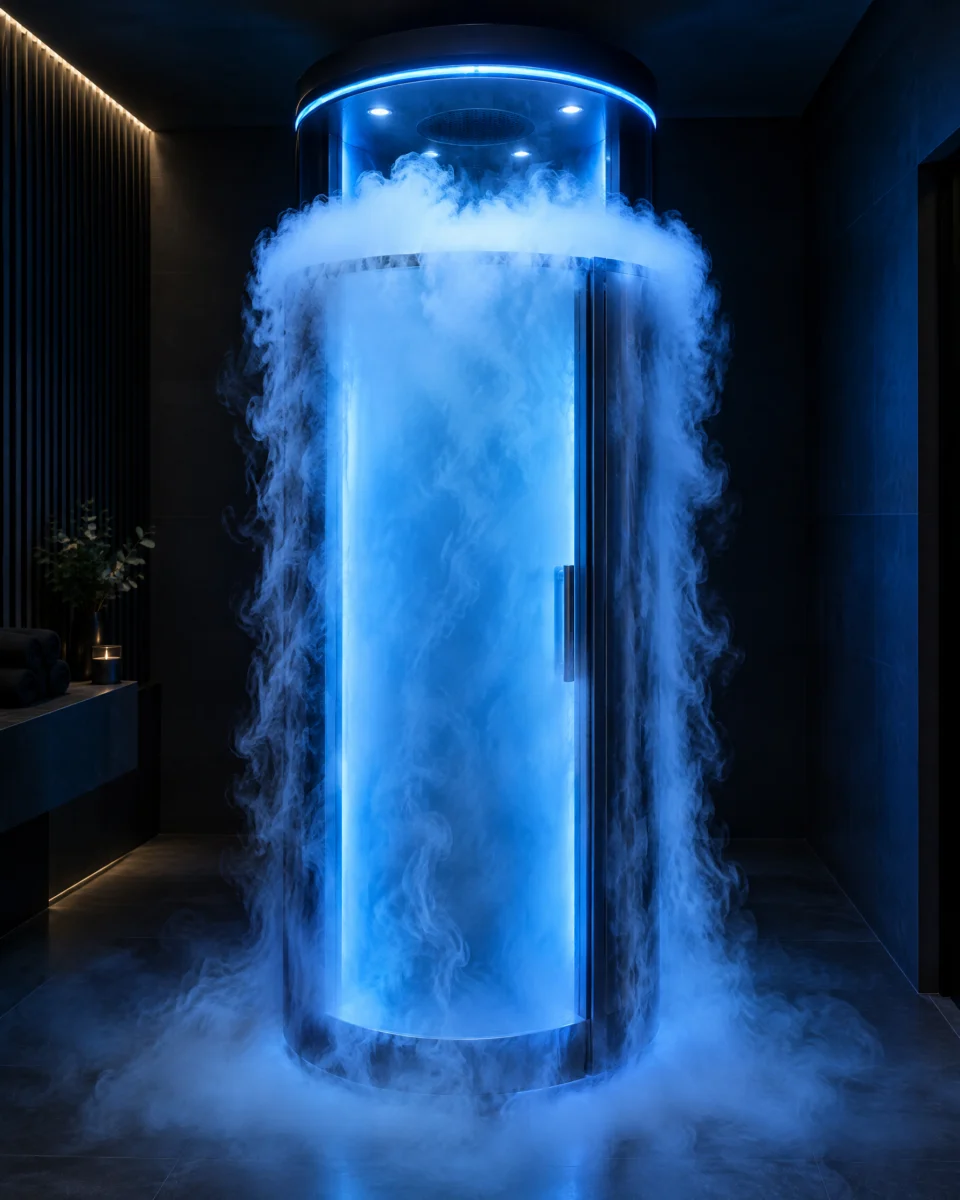 A cryotherapy cabin glowing blue with vapour pouring over the rim